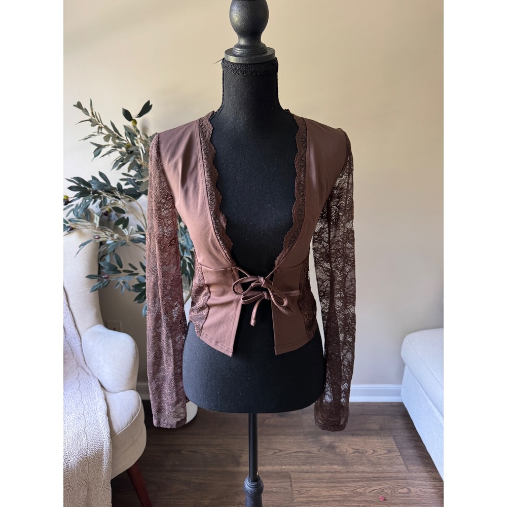 Edikted Brown Lace Long Sleeve Tie Front Crop Top Small Y2K Coquette Style